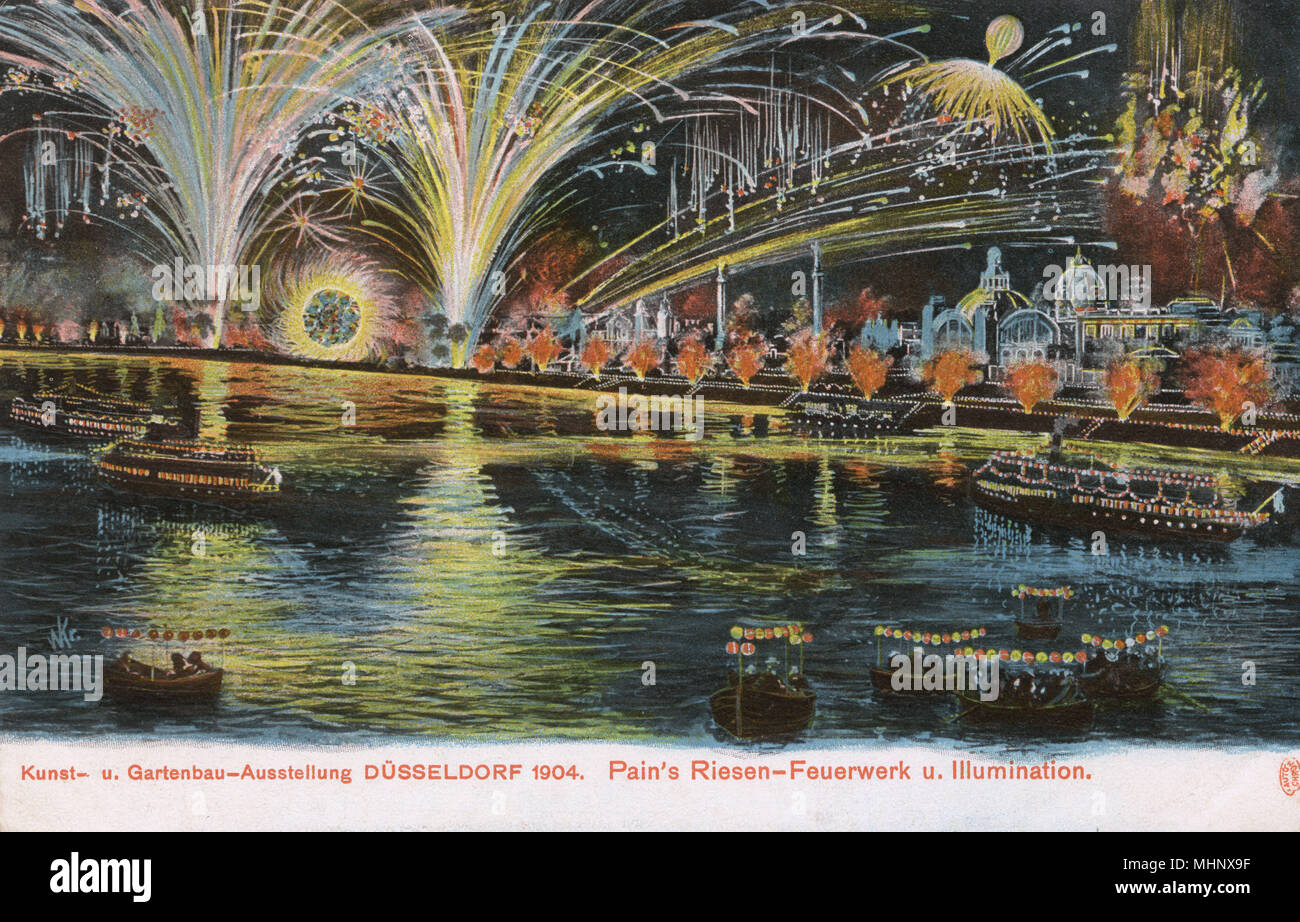 Spettacolo di fuochi d'artificio, esposizione di Dusseldorf, Germania Foto Stock