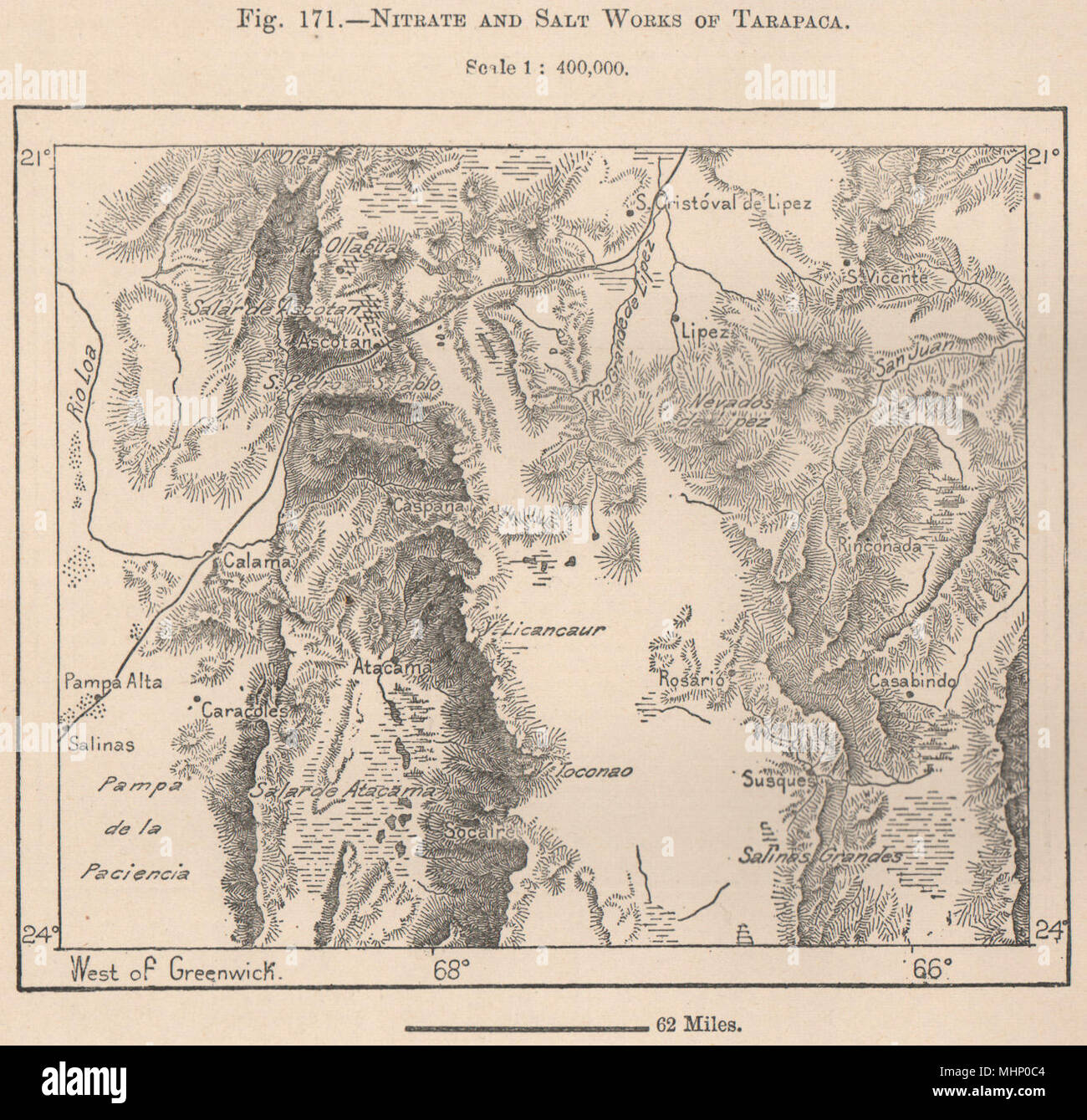 Nitrato e opere di sale di Tarapaca. Il Cile 1885 antica mappa grafico del piano Foto Stock