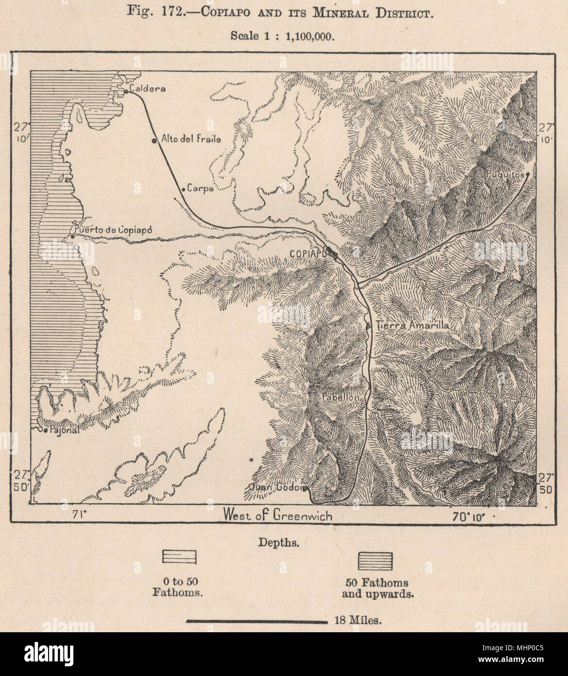 Copiapo e il suo distretto di minerali. Il Cile 1885 antica mappa grafico del piano Foto Stock