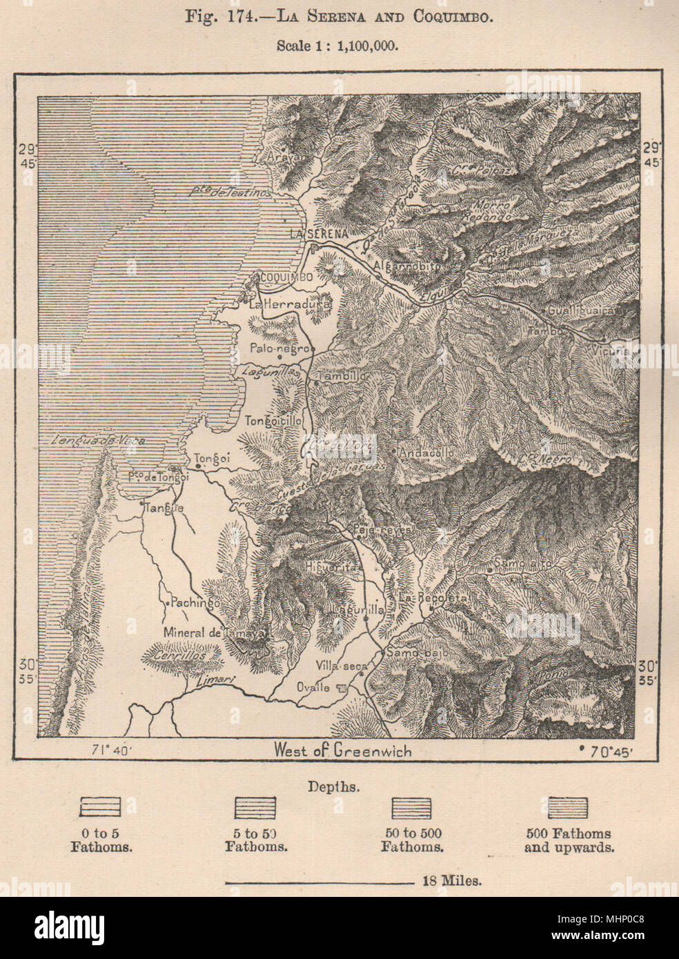 La Serena e Coquimbo. Il Cile 1885 antica vintage map piano grafico Foto Stock