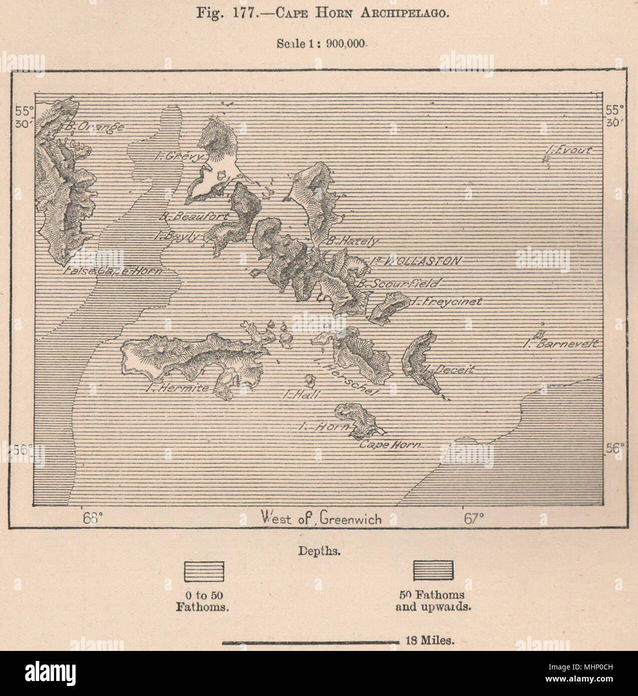 Capo Horn arcipelago. Il Cile 1885 antica vintage map piano grafico Foto Stock