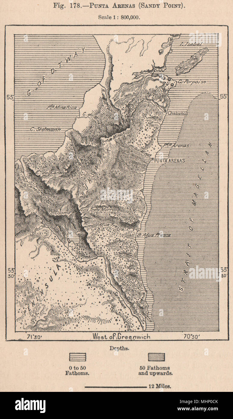 Punta Arenas (Sandy Point) . Il Cile 1885 antica vintage map piano grafico Foto Stock