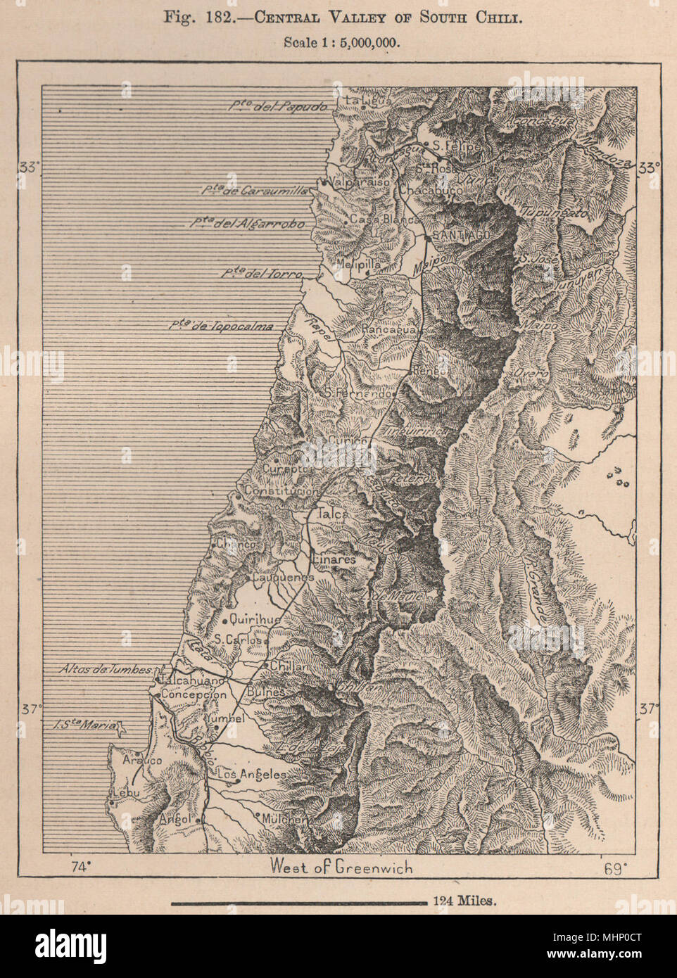 La valle centrale del sud del Cile. Il Cile 1885 antica vintage map piano grafico Foto Stock
