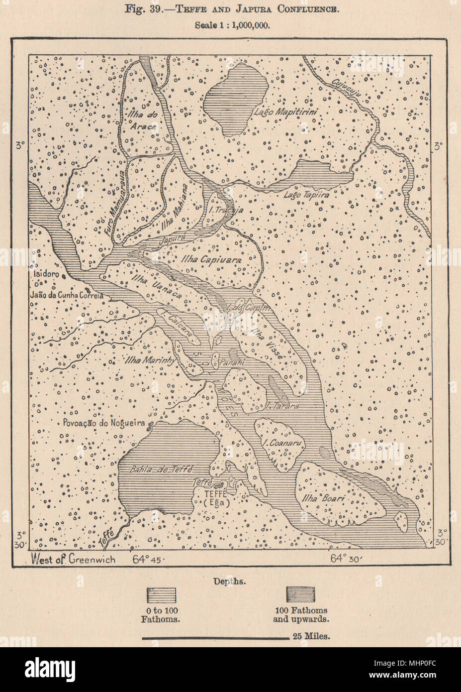 Rio Tefé(Teffe)e Japura/fiume Caquetá confluenza.Brasile.Amazzonia 1885 mappa Foto Stock