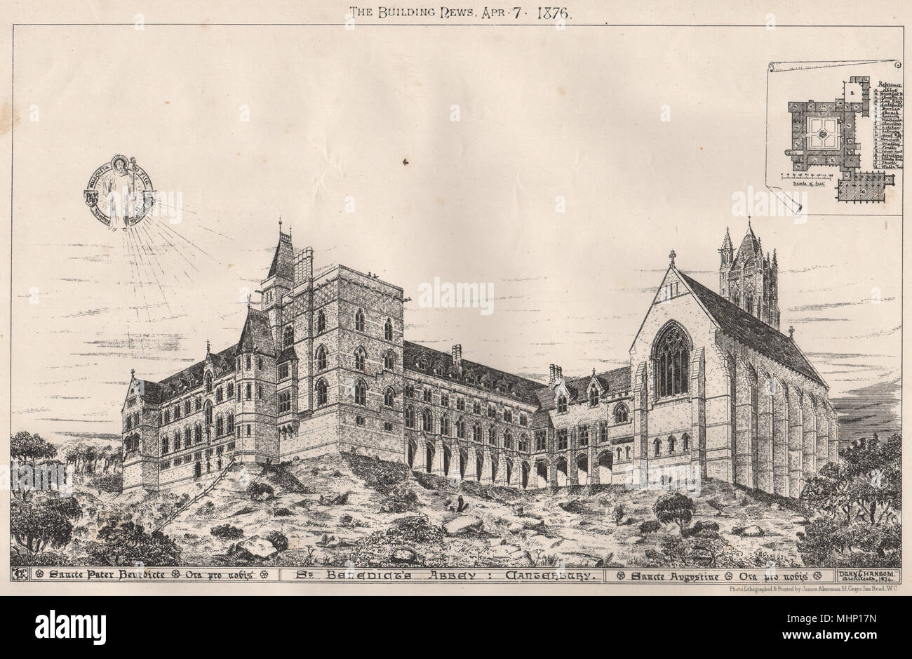 San Benedetto's Abbey, Canterbury; Dann & Hansom architetto 1876 antica stampa Foto Stock