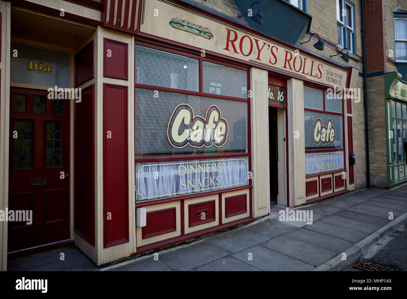 Roys rotoli, cafè sulla via di Coronation del sapone di ITV nell'area fittizio di Weatherfield a Granada Studios Salford Quays, MediacityUK Foto Stock