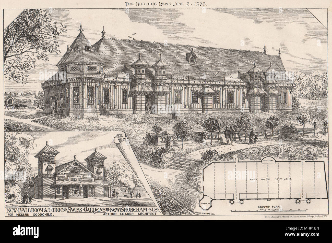 Nuova sala da ballo & Lodge, giardini svizzeri, New Shoreham, Sussex 1876 antica stampa Foto Stock