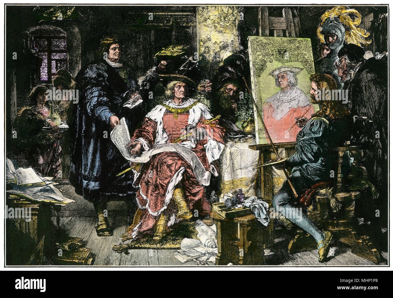 Sacro Romano Imperatore Massimiliano I di Albrecht Durer il ritratto studio. Colorate a mano la xilografia Foto Stock