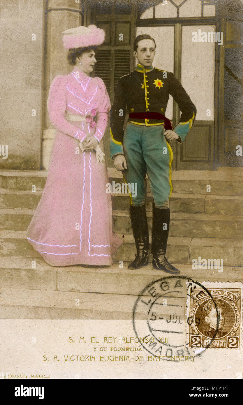 Re Alfonso XIII di Spagna e la sua fidanzata, in seguito consorte Foto Stock
