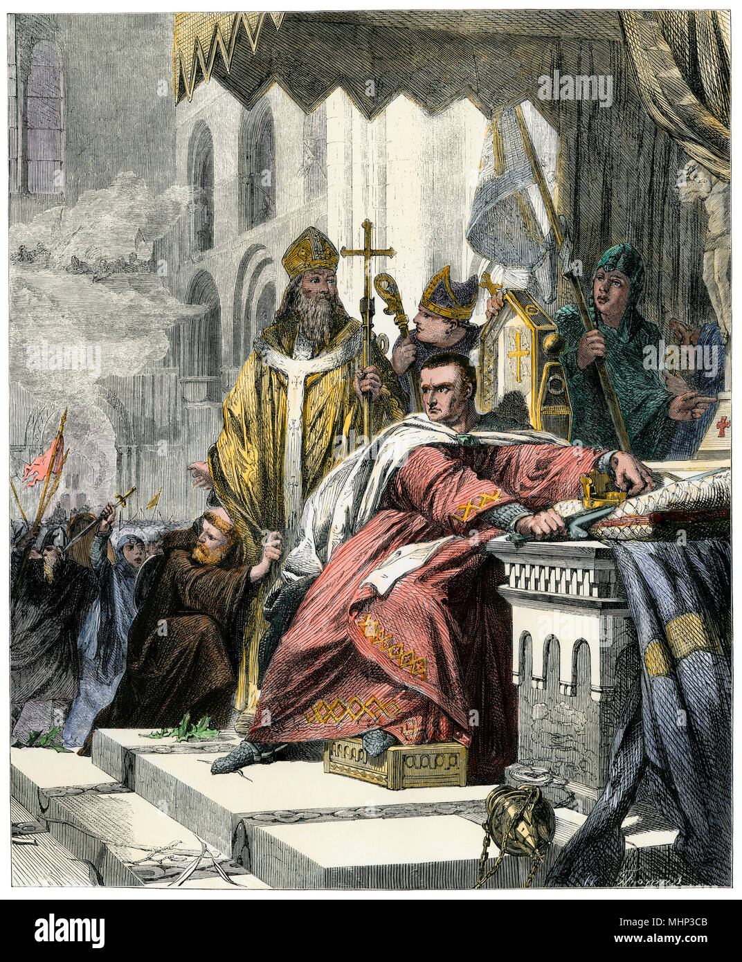 Incoronazione di Guglielmo I dopo la sua conquista di Inghilterra, 1066. Colorate a mano la xilografia Foto Stock