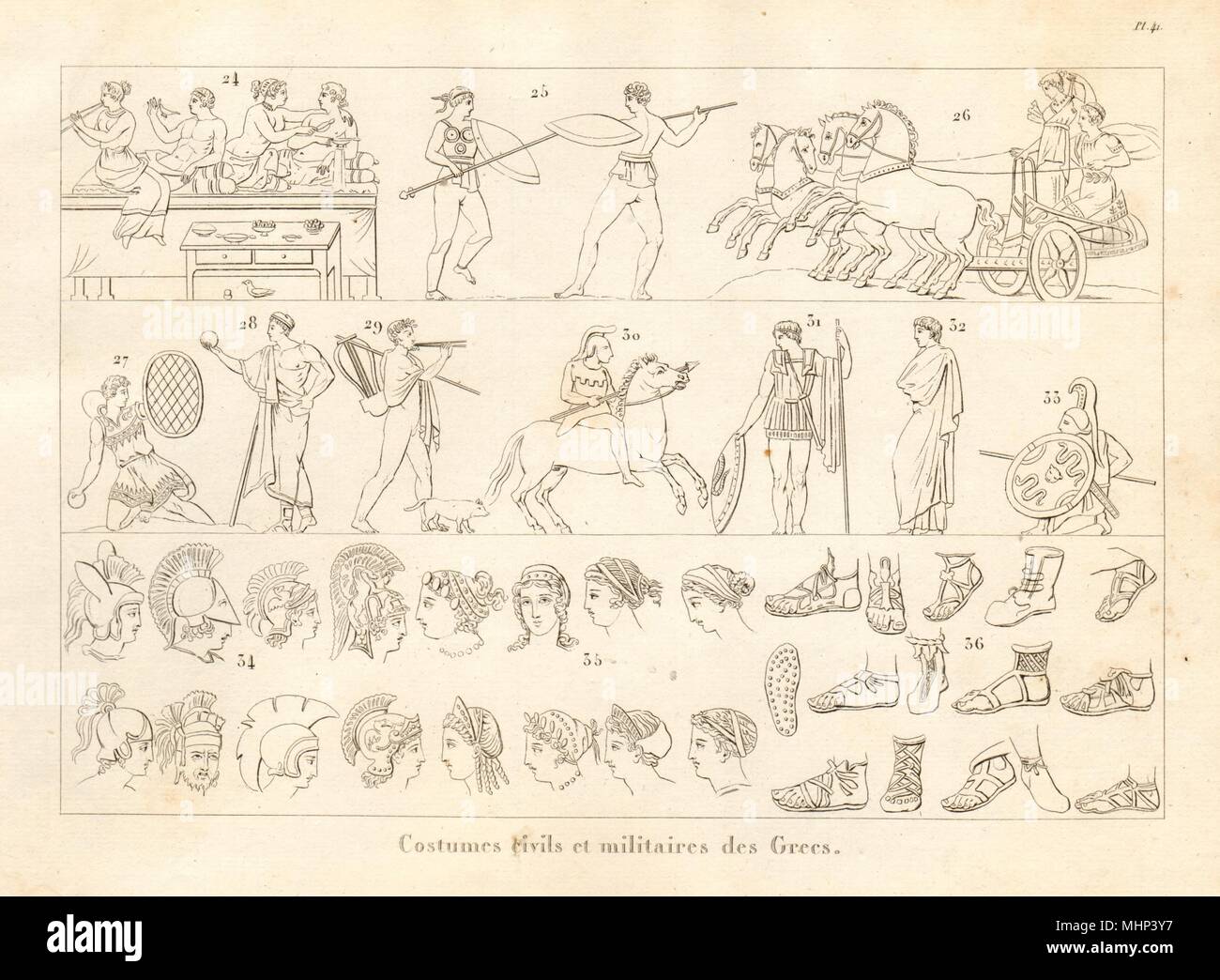 Grecia antica. Civili e Militari di abiti e costumi (2) 1832 antica stampa Foto Stock