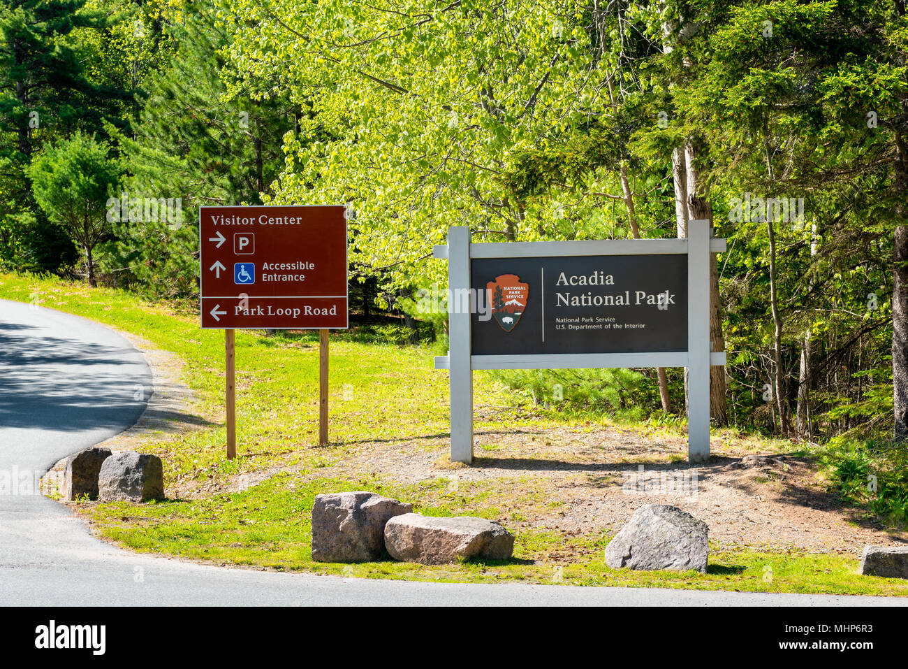 Segno di entrata al Parco Nazionale di Acadia nel Maine USA Foto Stock