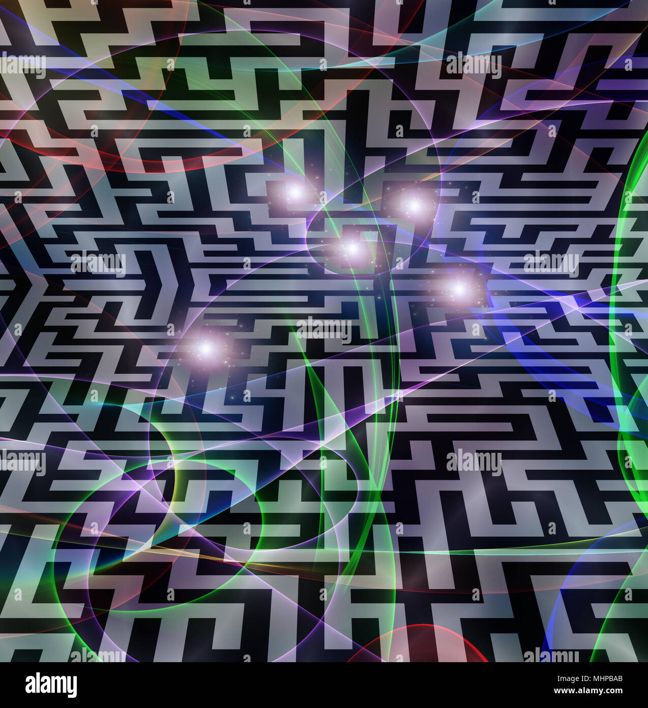 3D maze e raggi di luci. Foto Stock