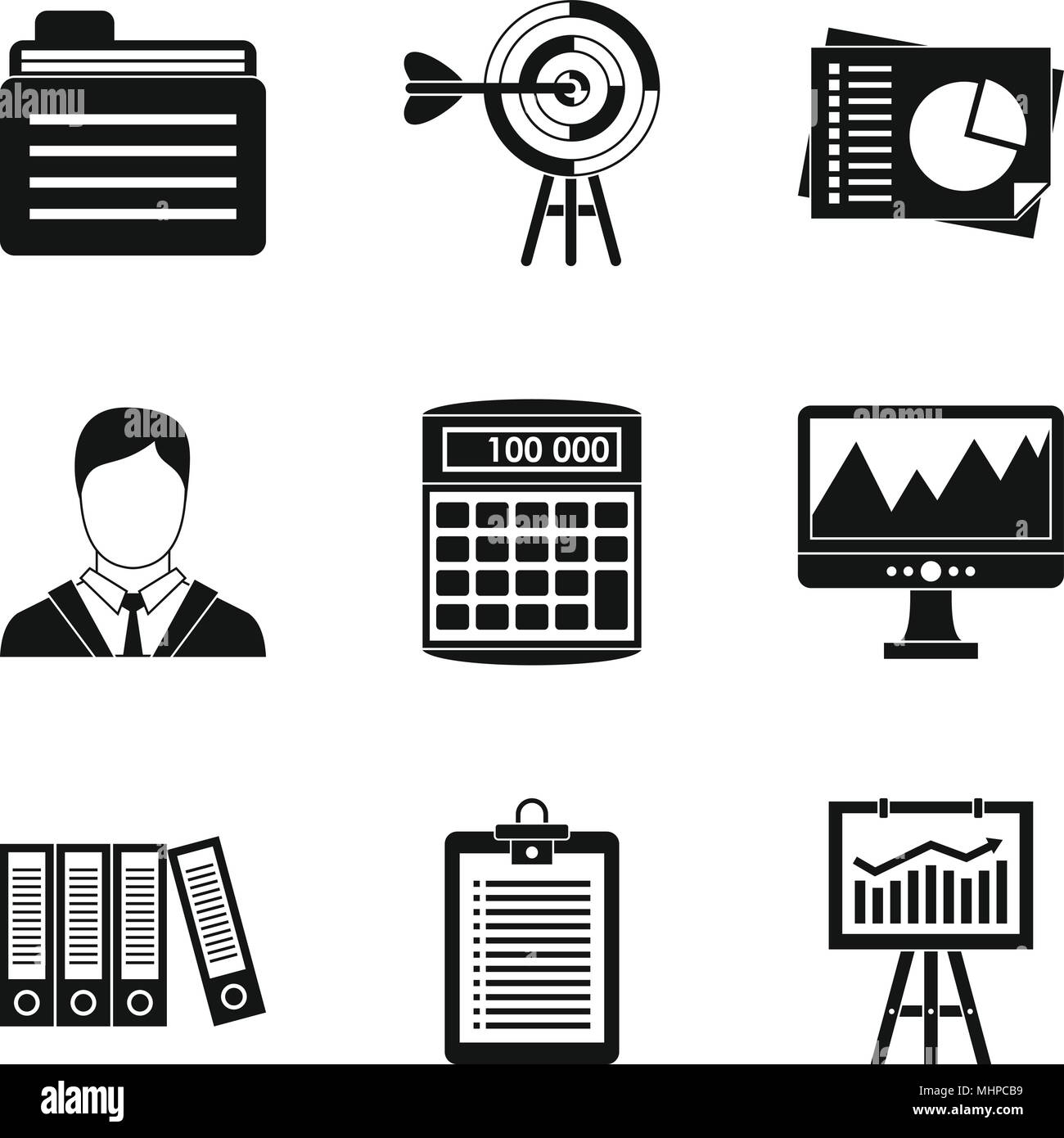 Computer dedicato set di icone, stile semplice Illustrazione Vettoriale