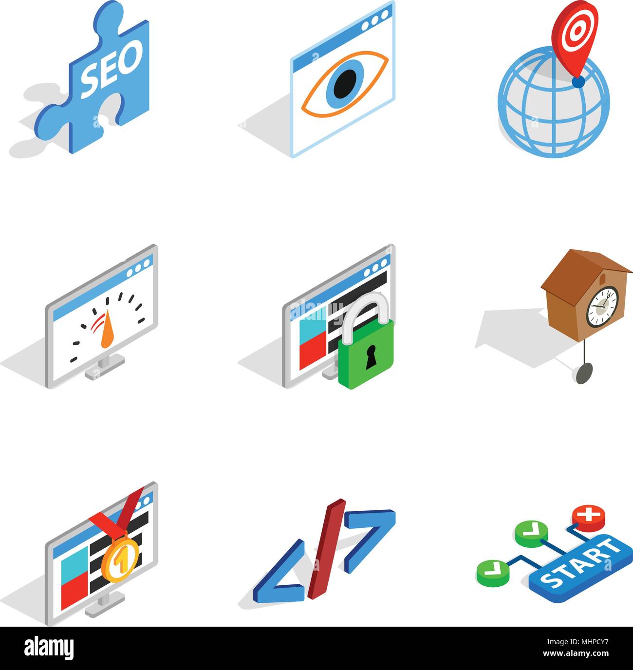 Installazione del server di set di icone, stile isometrico Illustrazione Vettoriale