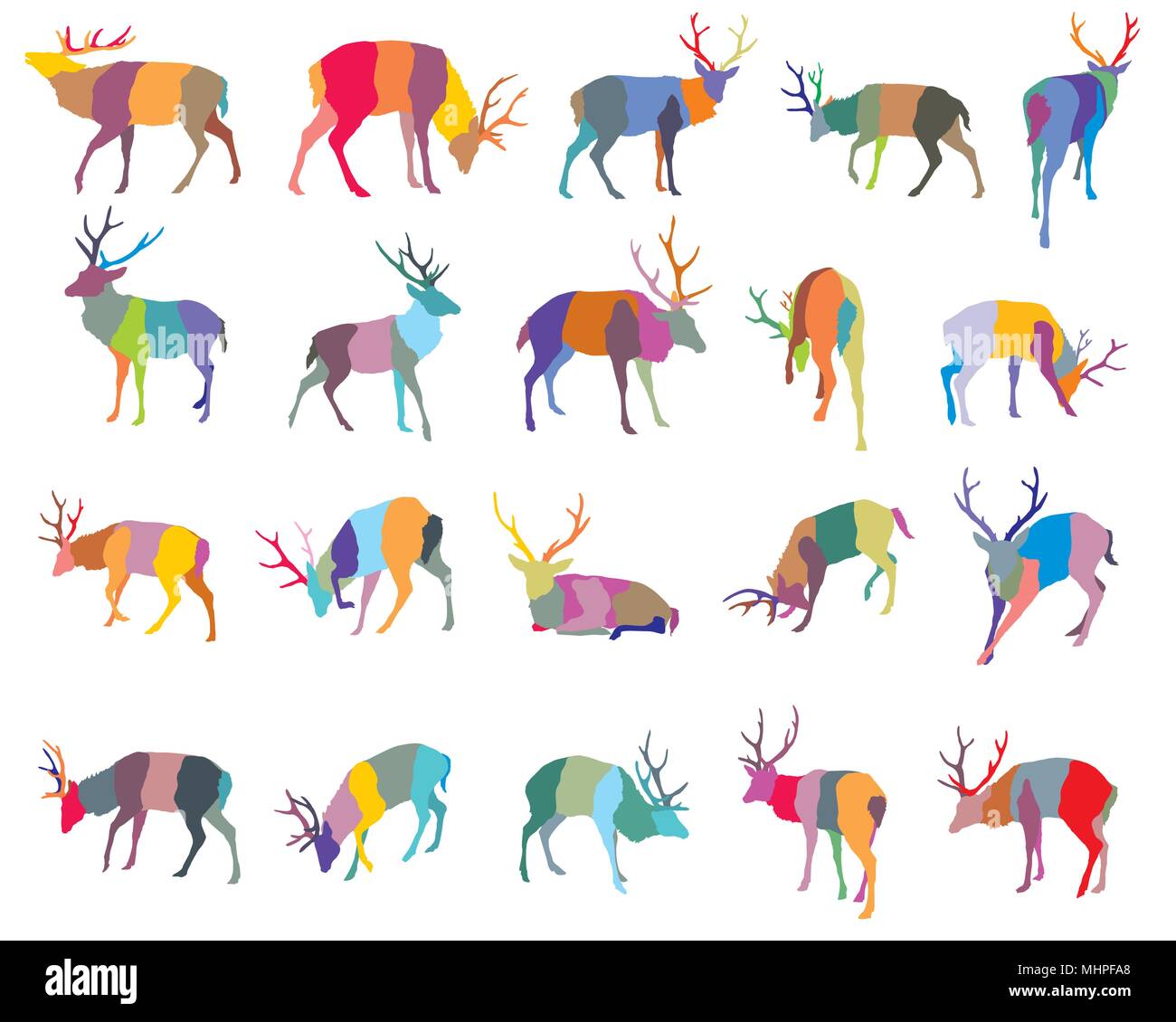 Set di mosaico colourful permanente del vettore e giacente Red Deer silhouettes (maschio) isolato su sfondo bianco Illustrazione Vettoriale