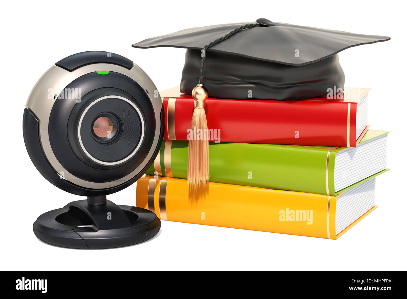 Online il concetto di istruzione, libri con graduazione del cappuccio con webcam, 3D rendering isolati su sfondo bianco Foto Stock