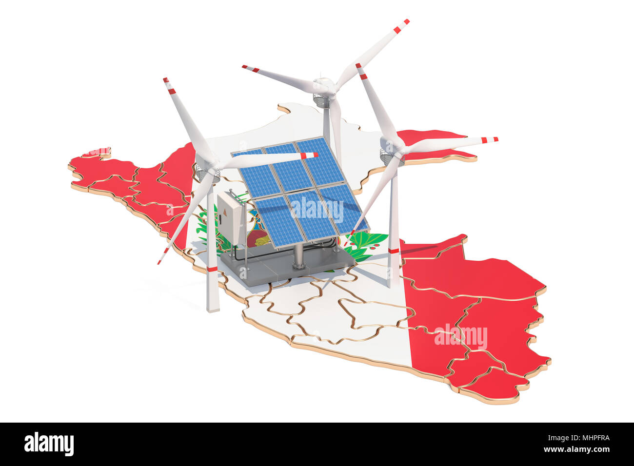 Le fonti di energia rinnovabili e sviluppo sostenibile in Perù il concetto. Il rendering 3D Foto Stock