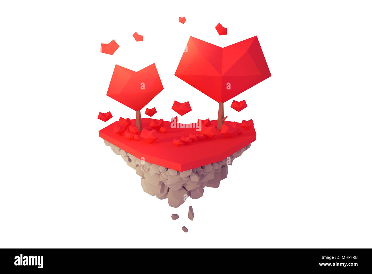Valentino amore albero a forma di cuore isolato isola galleggiante amore concetto low-poli 3d'illustrazione. Foto Stock