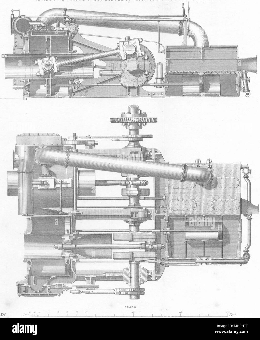 ENGINEERING. Il vapore- Motore. Marine orizzontale motori Trunk 1880 antica stampa Foto Stock