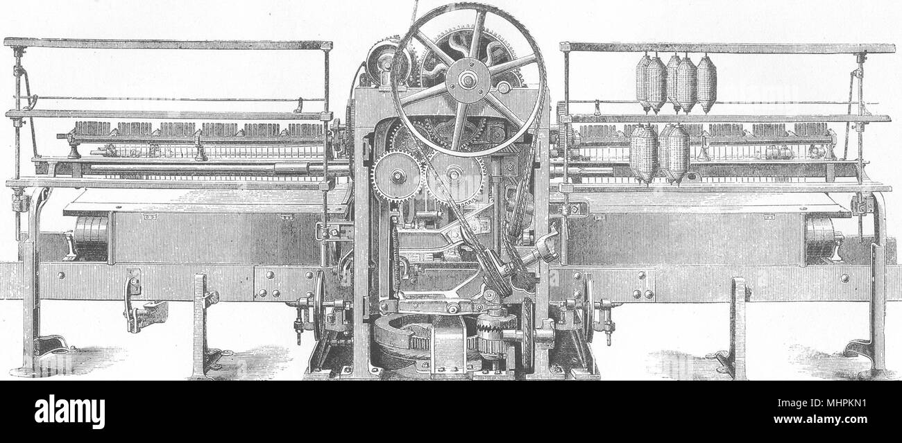 Tessili. La filatura del cotone; Platt's self- deliberando mulo- vista in elevazione posteriore 1880 Foto Stock