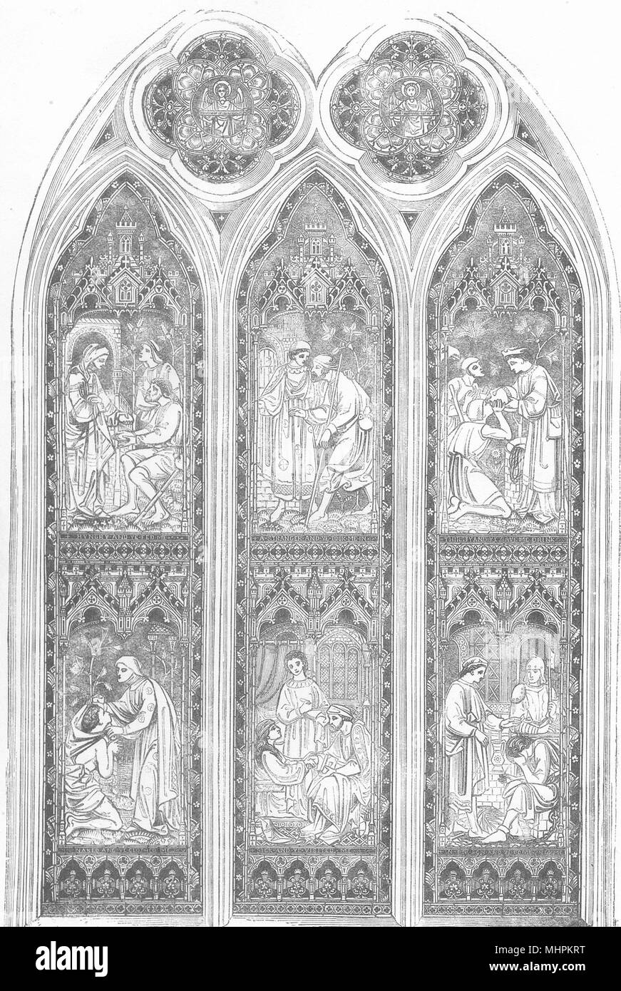 La pittura del vetro. Atto di misericordia finestra, la chiesa di San Nicola, Harpenden 1880 stampare Foto Stock