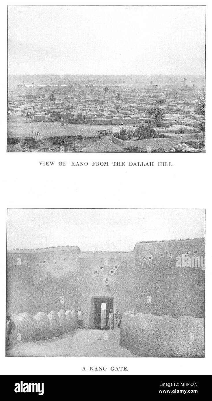 La Nigeria. Vista di Kano dal Dallah hill; un gate di Kano 1904 antica stampa Foto Stock