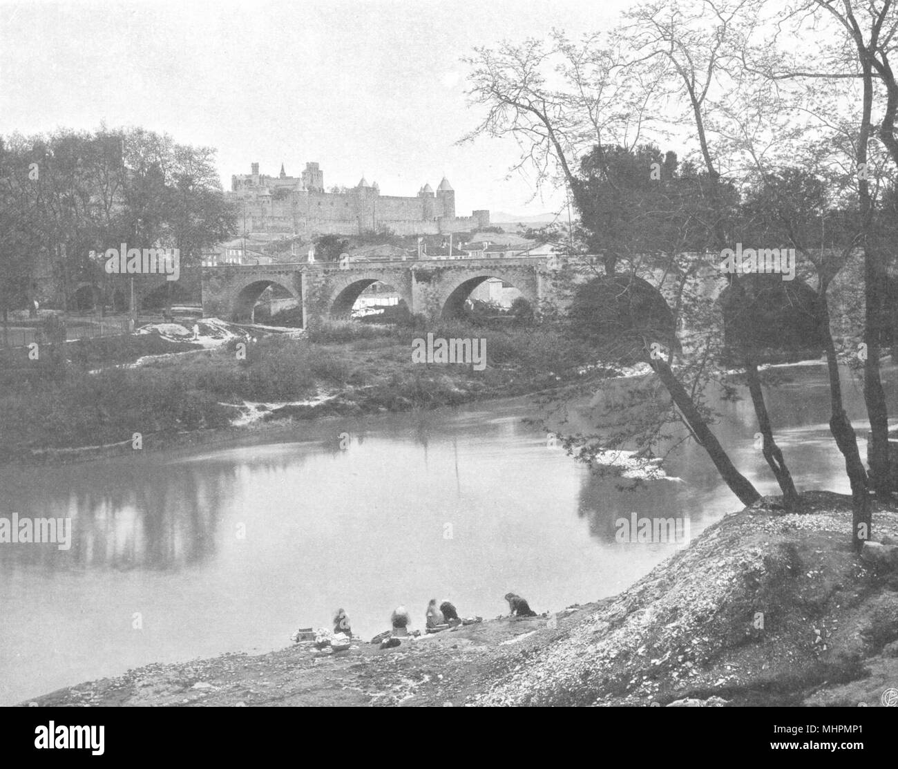 AUDE. Carcassonne- L'Aude et le pont Vieux 1903 antica immagine di stampa Foto Stock