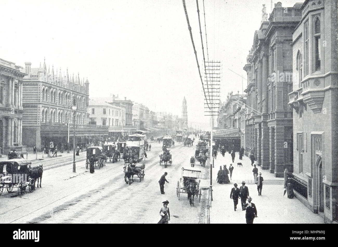 ADELAIDE. King William Street, guardando verso sud. Carrelli. Scena di occupato. 1900 Foto Stock