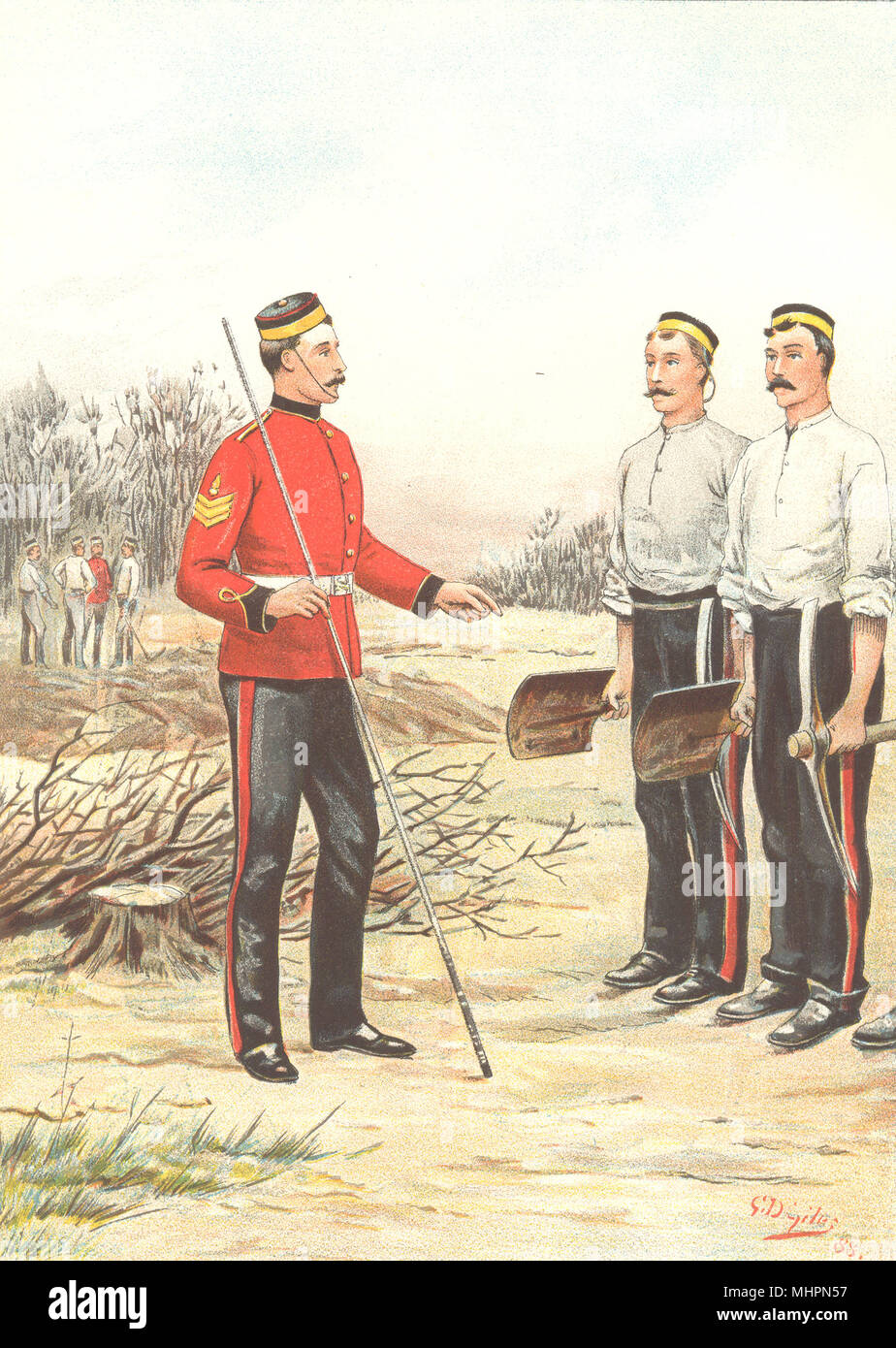 Esercito britannico uniformi. Il Royal Engineers reggimento 1890 antica stampa Foto Stock