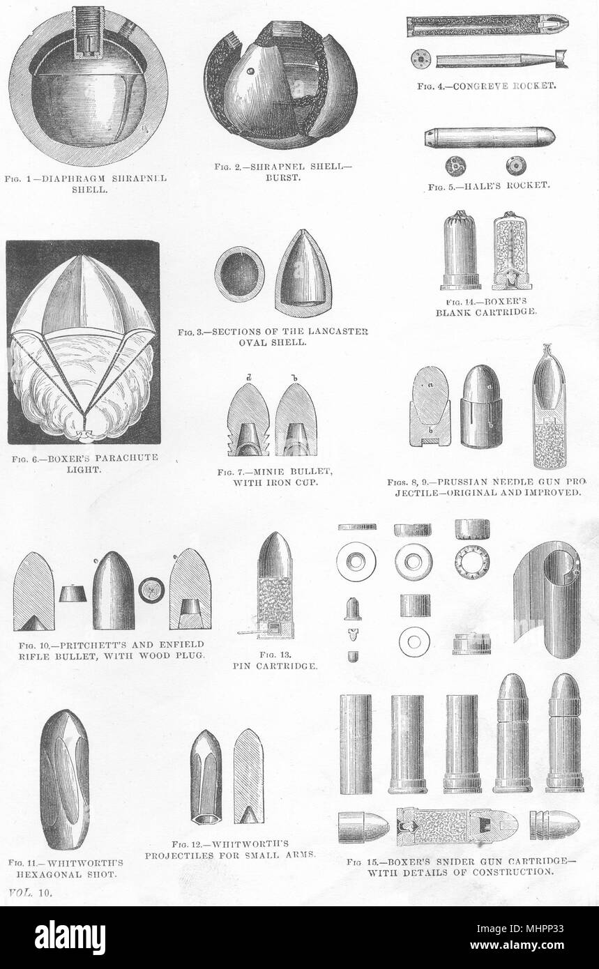 Proiettili.Shrapnel,Lancaster scafo;Minière Pritchett Enfield bullet fucile 1880 Foto Stock