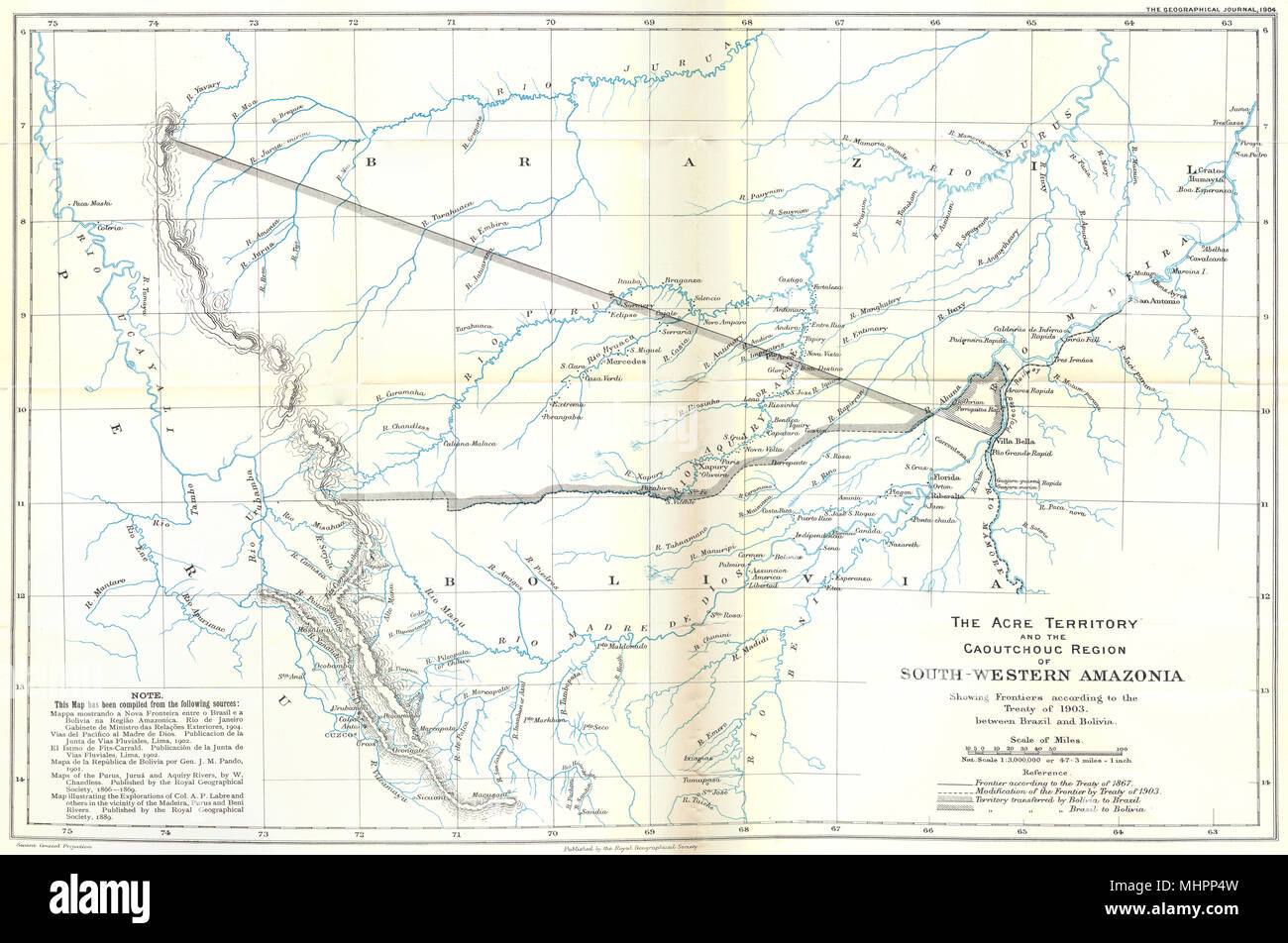 Il Brasile. Acre Terr. Caucciù S- W Amazzonia; 1903 confine con la Bolivia. RGS 1904 mappa Foto Stock