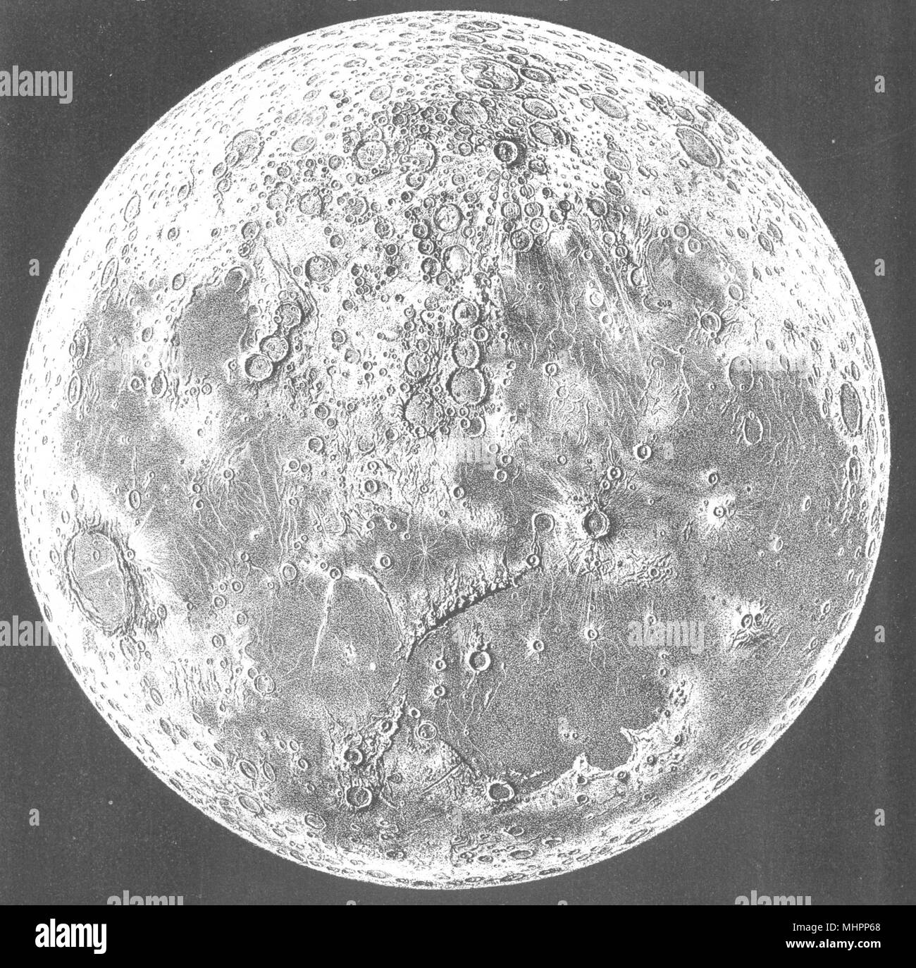 Luna. Mappa topografica con il tessuto di protezione denominazione di sovrapposizione c250 crateri e Mari 1877 Foto Stock