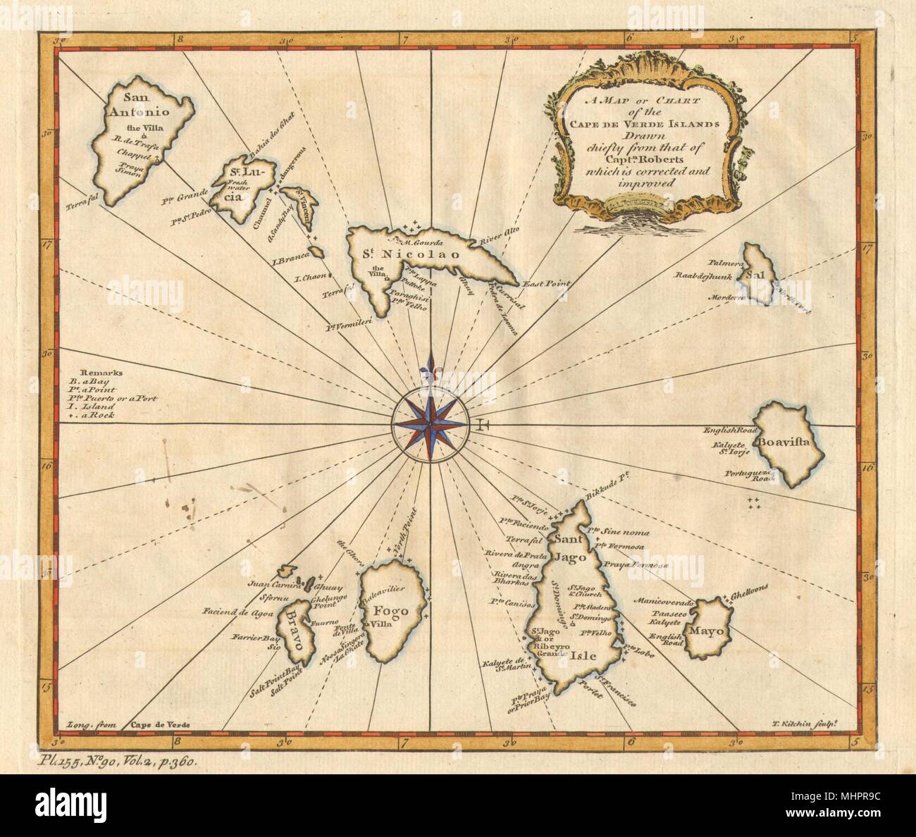 "Una mappa o un grafico del de del Capo Verde Isole " da Thomas Kitchin 1747 vecchio Foto Stock