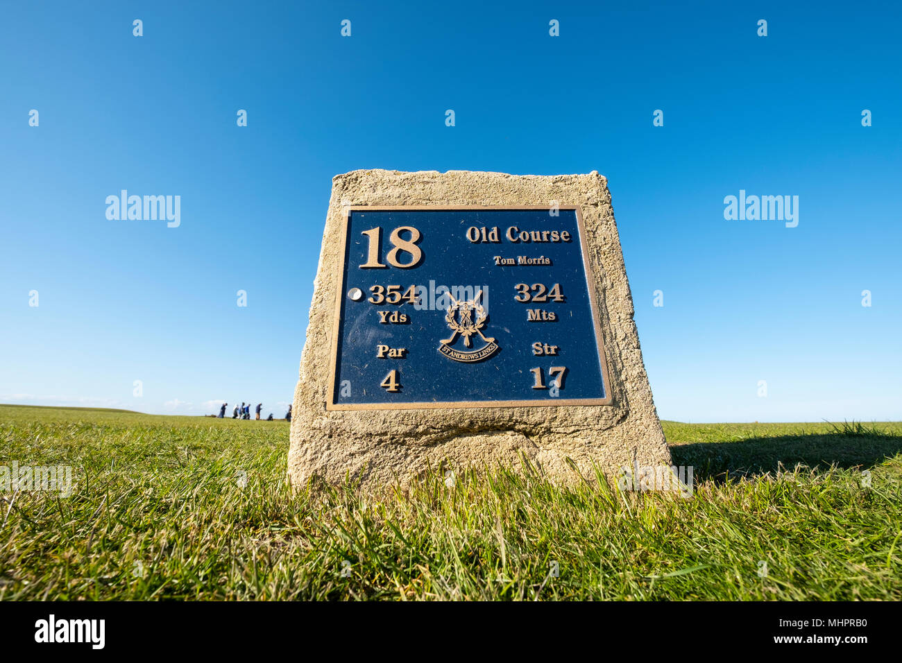Scatola a T sul diciottesimo foro, Tom Morris, sul vecchio corso in St Andrews Fife, Scozia, Regno Unito. Foto Stock