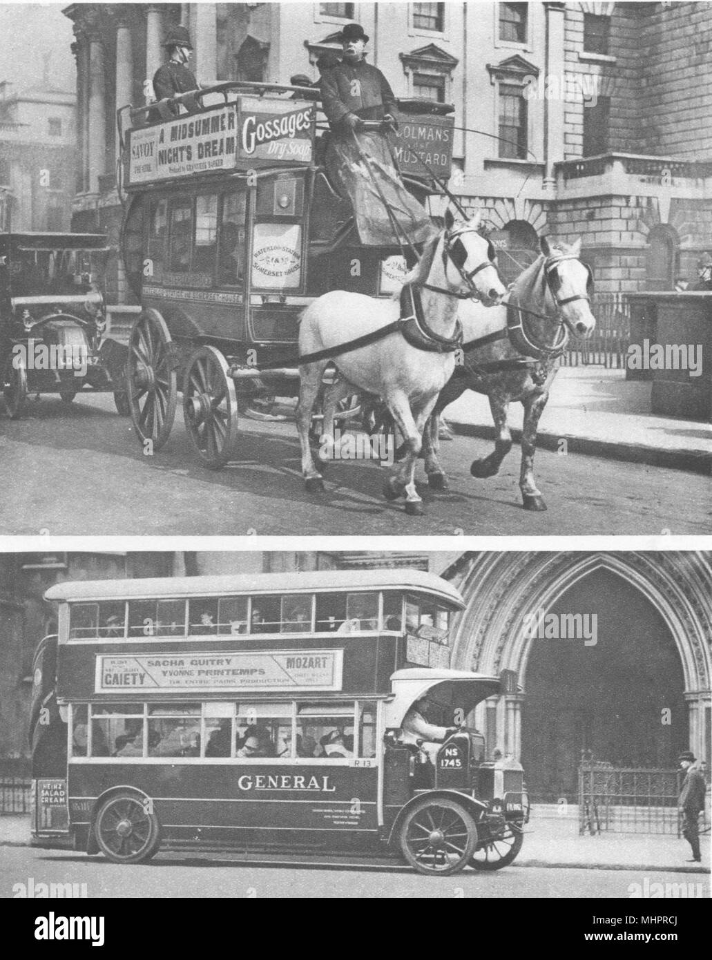 Londra. Inizio e fasi di sviluppo onnipresente Bus omnibus cavalli 1926 stampare Foto Stock