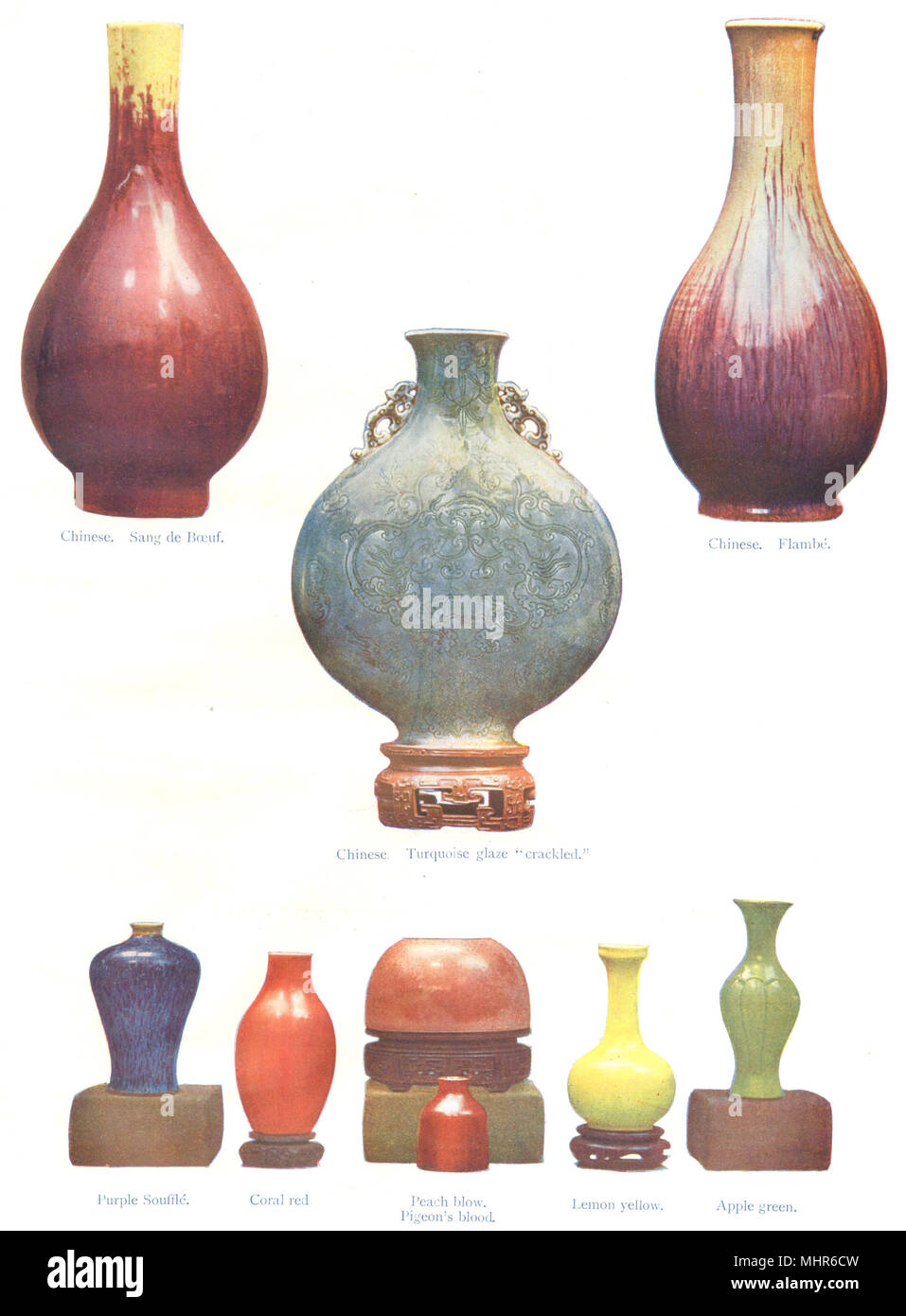 Ceramiche cinesi.cantato Boeuf;Flambe;Turchese;Viola Souffle;il corallo rosso;Peach 1910 Foto Stock