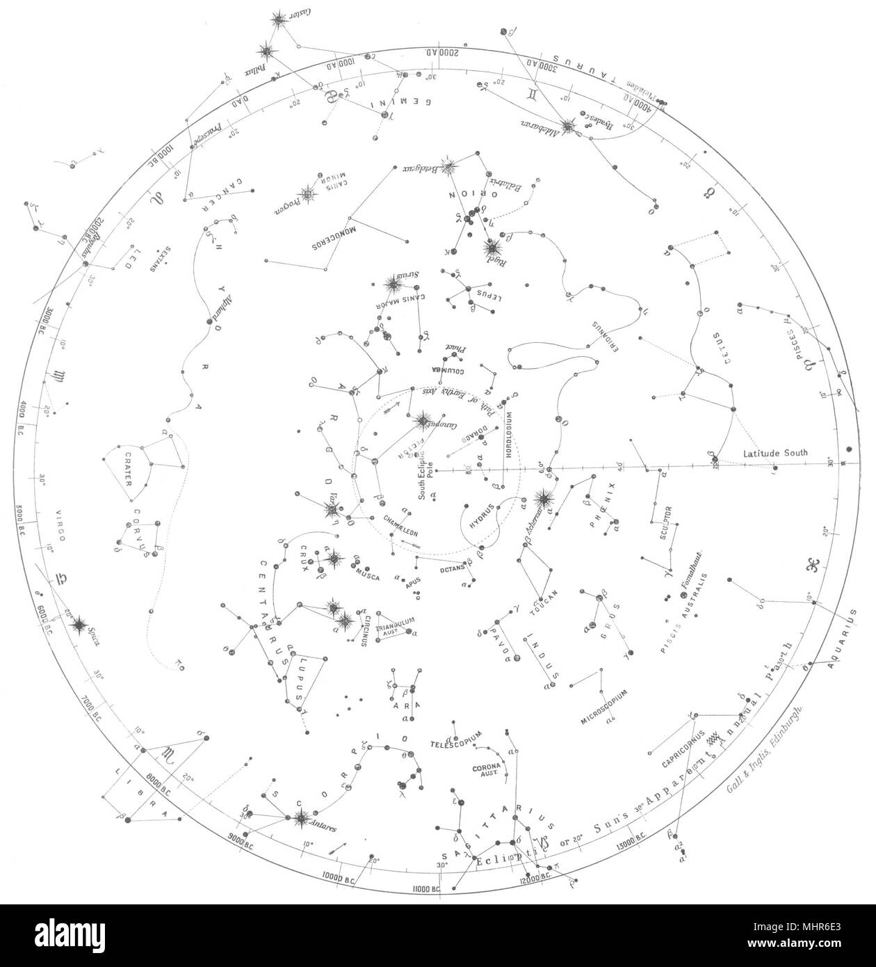 Astronomia. Costellazioni dell'Emisfero Meridionale 1910 antica stampa Foto Stock