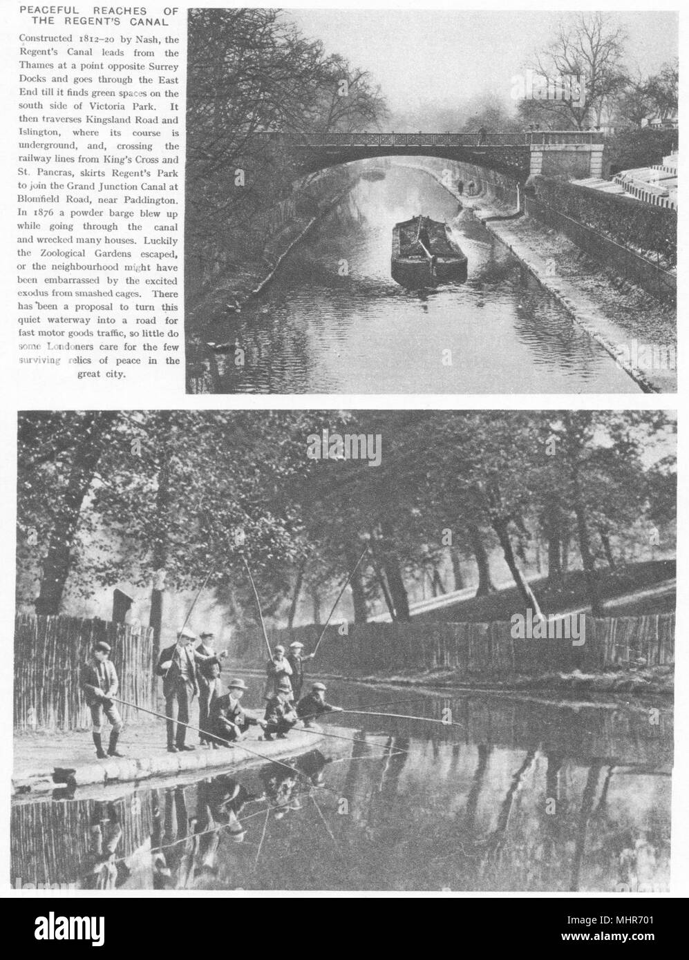 Londra. Raggiunge pacifica del Regent's Canal. La pesca. Barge 1926 antica stampa Foto Stock
