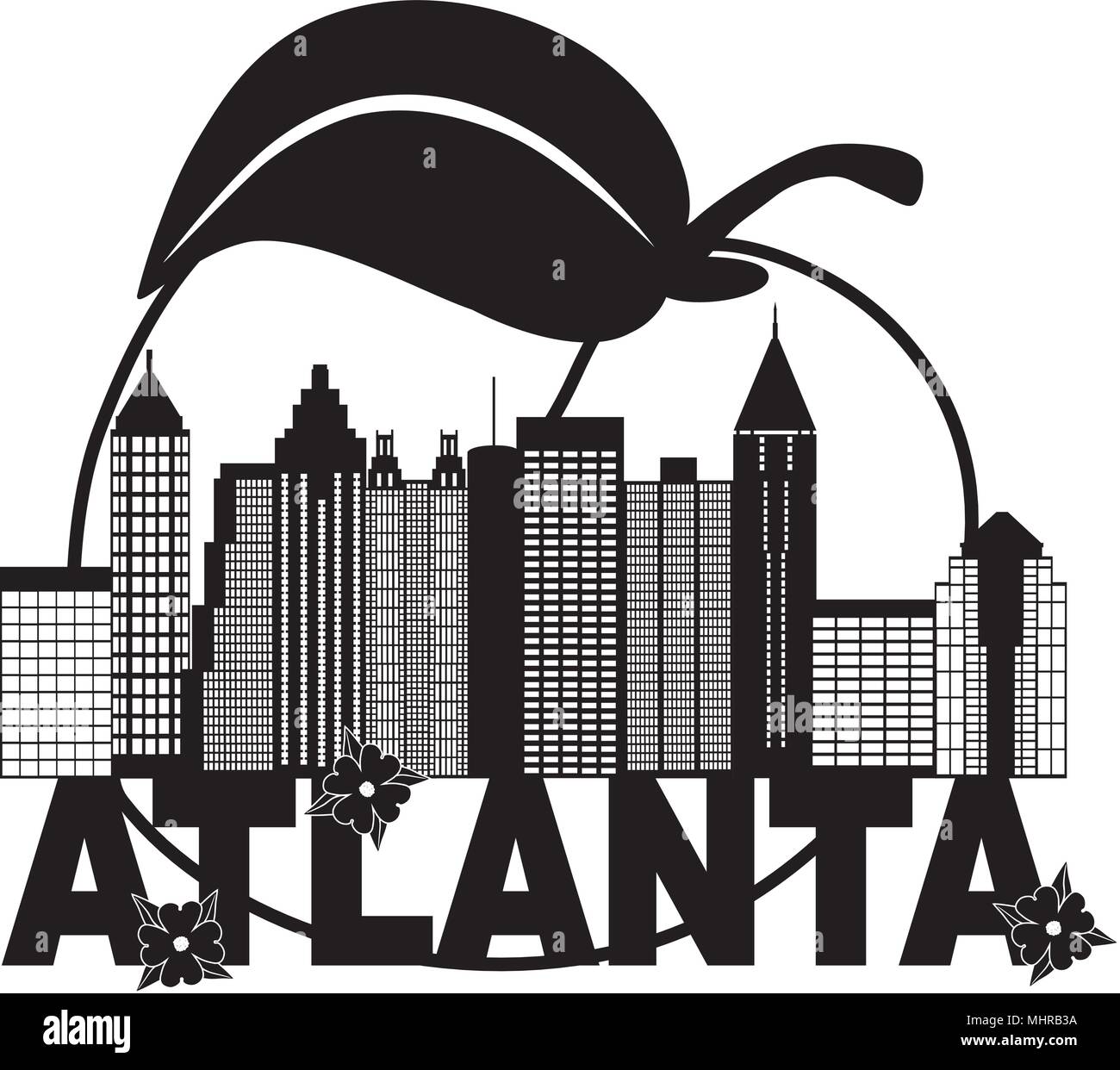 Atlanta in Georgia dello skyline della città Abstract con pesca Sanguinello fiori Testo in bianco e nero llustration Illustrazione Vettoriale