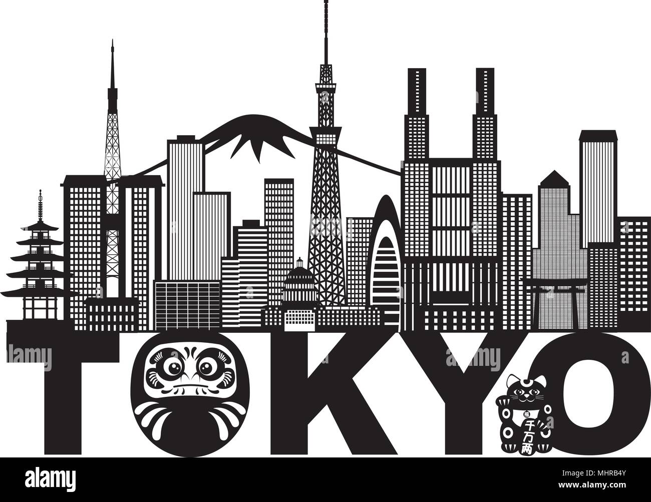 Tokyo Giappone skyline della città Panorama bambola Daruma Maneki Neko Cat Testo in bianco e nero illustrazione Illustrazione Vettoriale