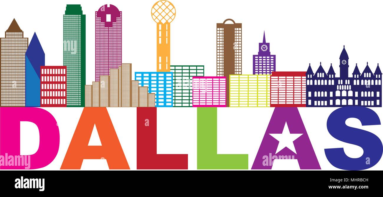 Dallas Texas City Skyline colore di contorno Silhouette Panorama con testo e Lone Star Abstract isolati su sfondo bianco illustrazione Illustrazione Vettoriale