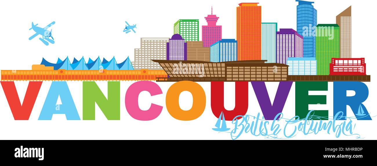 Vancouver British Columbia Canada skyline della città testo illustrativo a colori Illustrazione Vettoriale