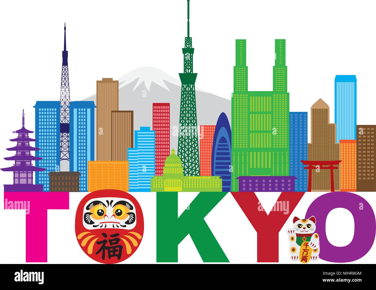 Tokyo Giappone skyline della città Panorama bambola Daruma Maneki Neko Cat testo illustrativo a colori Illustrazione Vettoriale