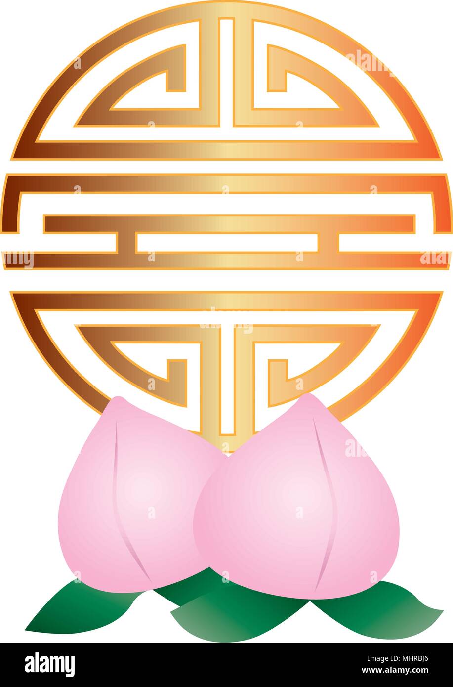 Longevità cinese oro carattere simbolo con una lunga vita di pesche frutti per la celebrazione di compleanno illustrazione Illustrazione Vettoriale