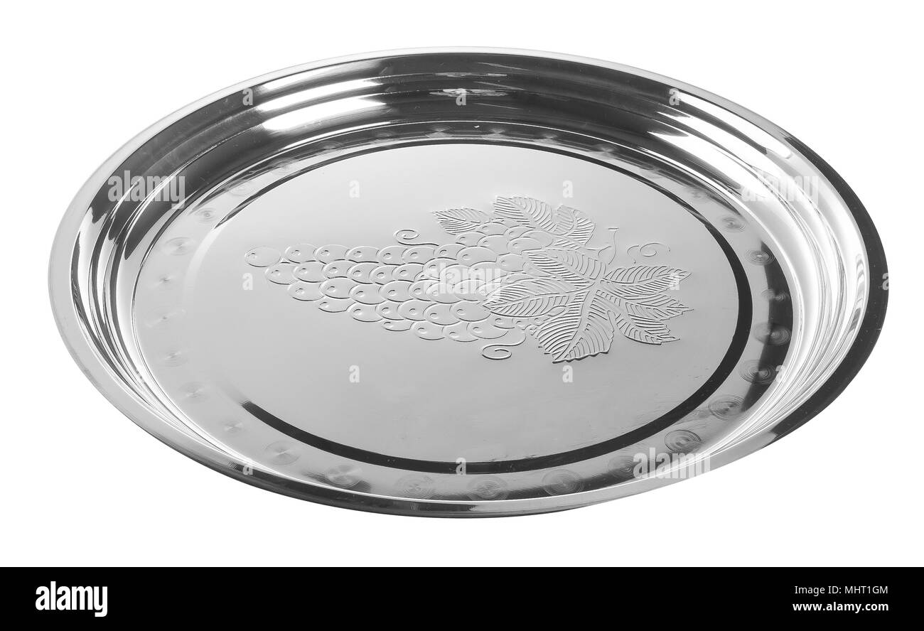 Vassoio di metallo. vassoio vuoto su uno sfondo Foto Stock