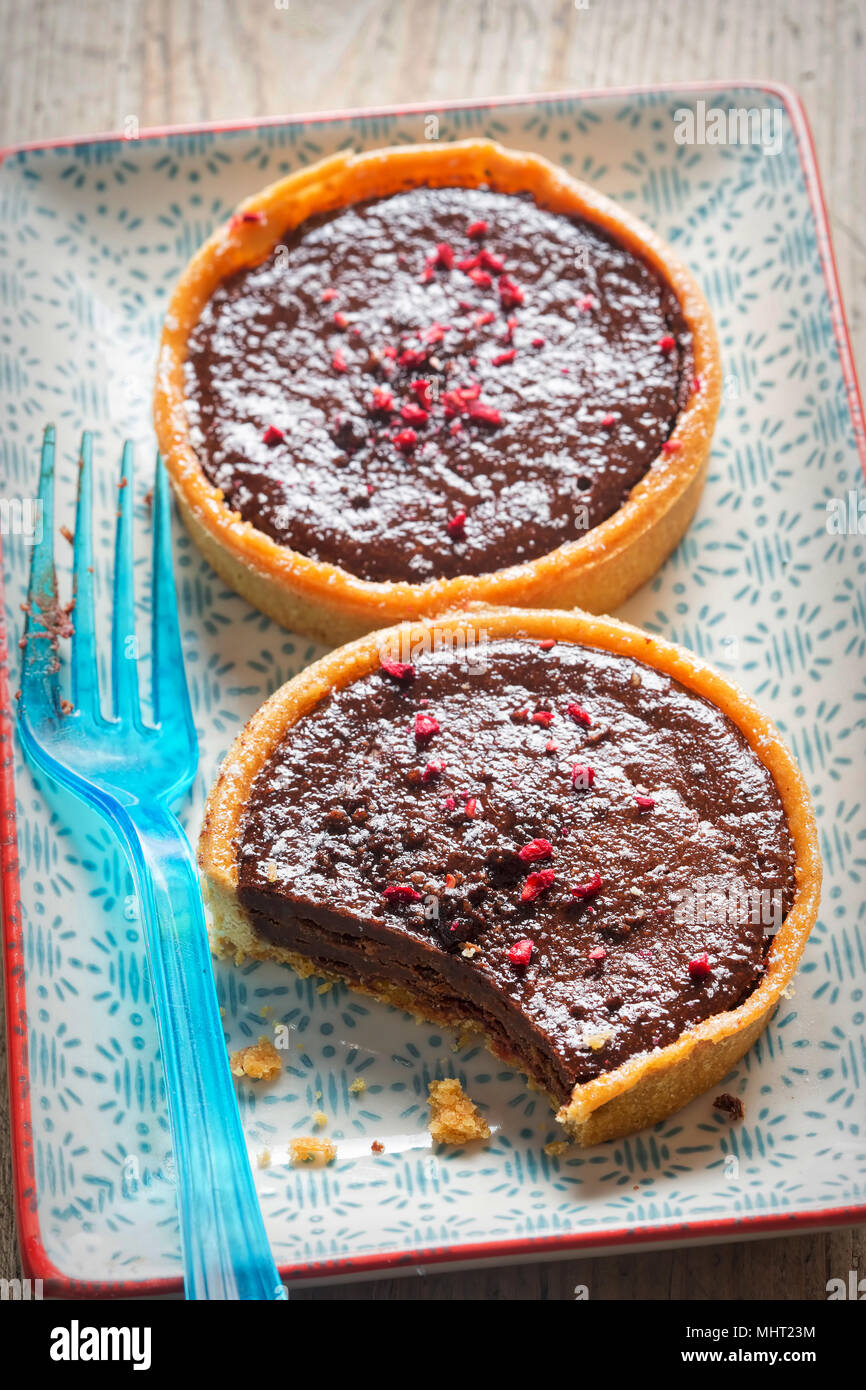 Lampone e cioccolato fondente tart. Tutto il burro crostata di pasta con ripieno di cioccolato e lamponi centro conserva, finito con lampone e cioccolato Foto Stock