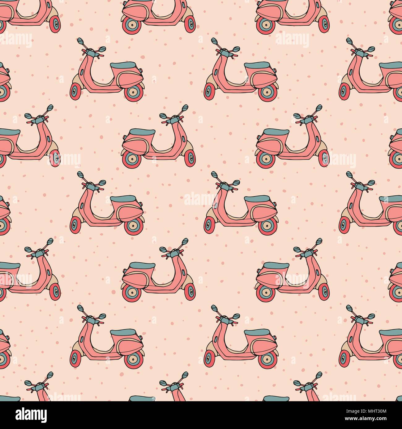 Disegnata a mano vector pattern senza giunture con retro scooter sulla rosa polka dot sfondo. Design vintage. Illustrazione Vettoriale