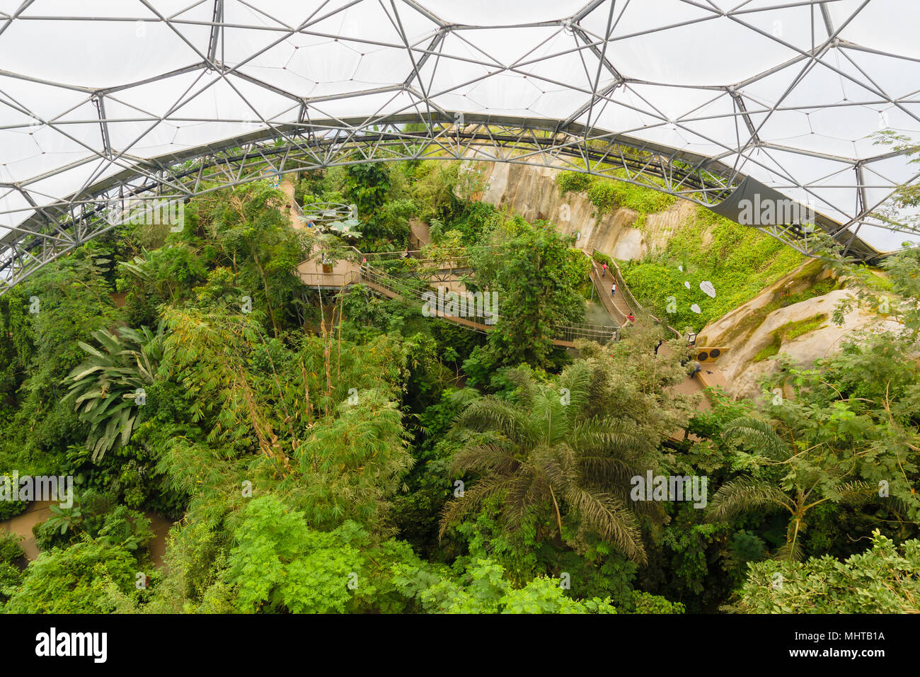 Progetto Eden guardando verso il basso a partire da una piattaforma di osservazione presso l'antenna sentieri nella foresta pluviale biome. Foto Stock