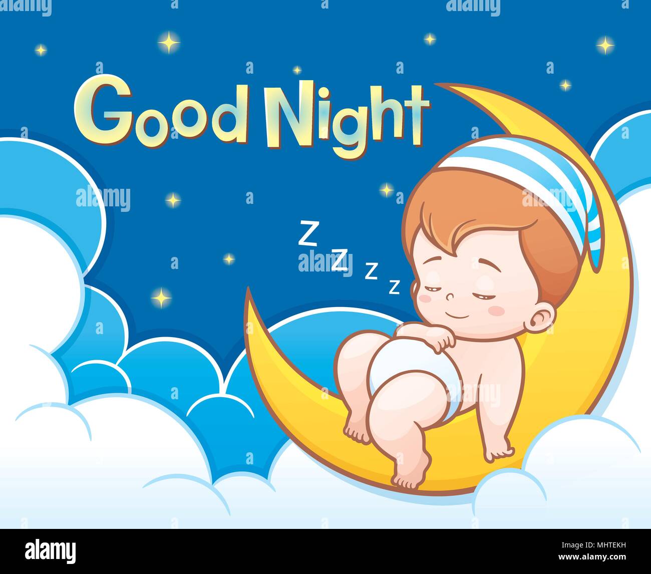 Illustrazione Vettoriale di Cartoon carino Baby dormire sulla luna con buona notte testo Illustrazione Vettoriale